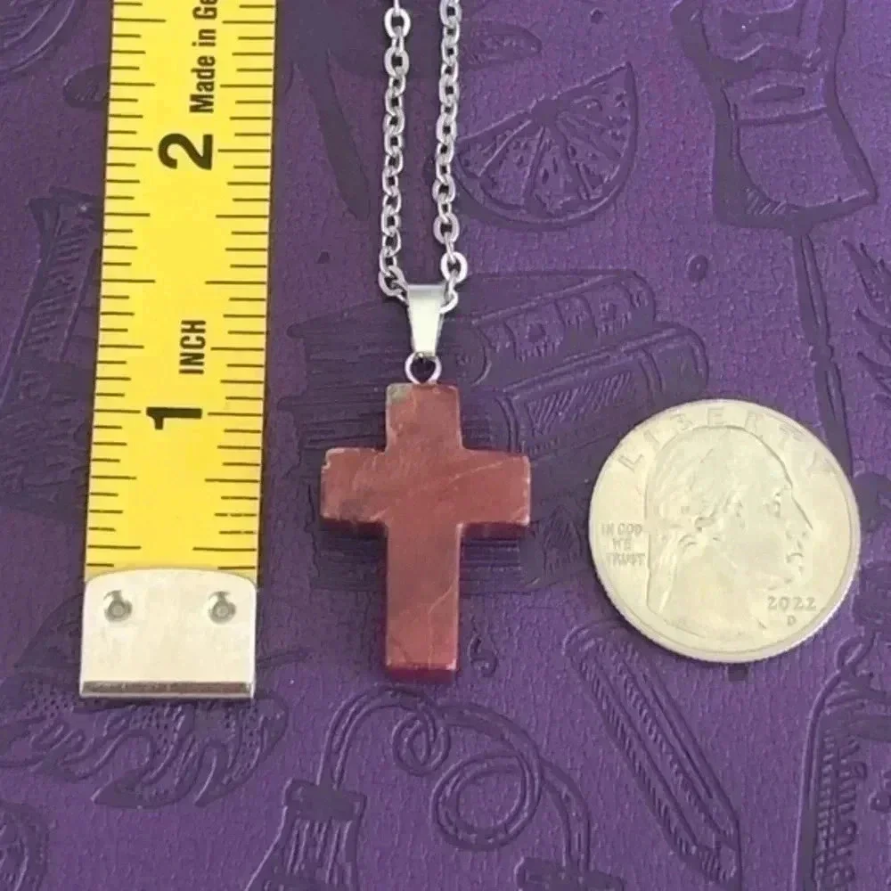 Red Dolomite Cross Natural Stainless Steel Necklace NWT